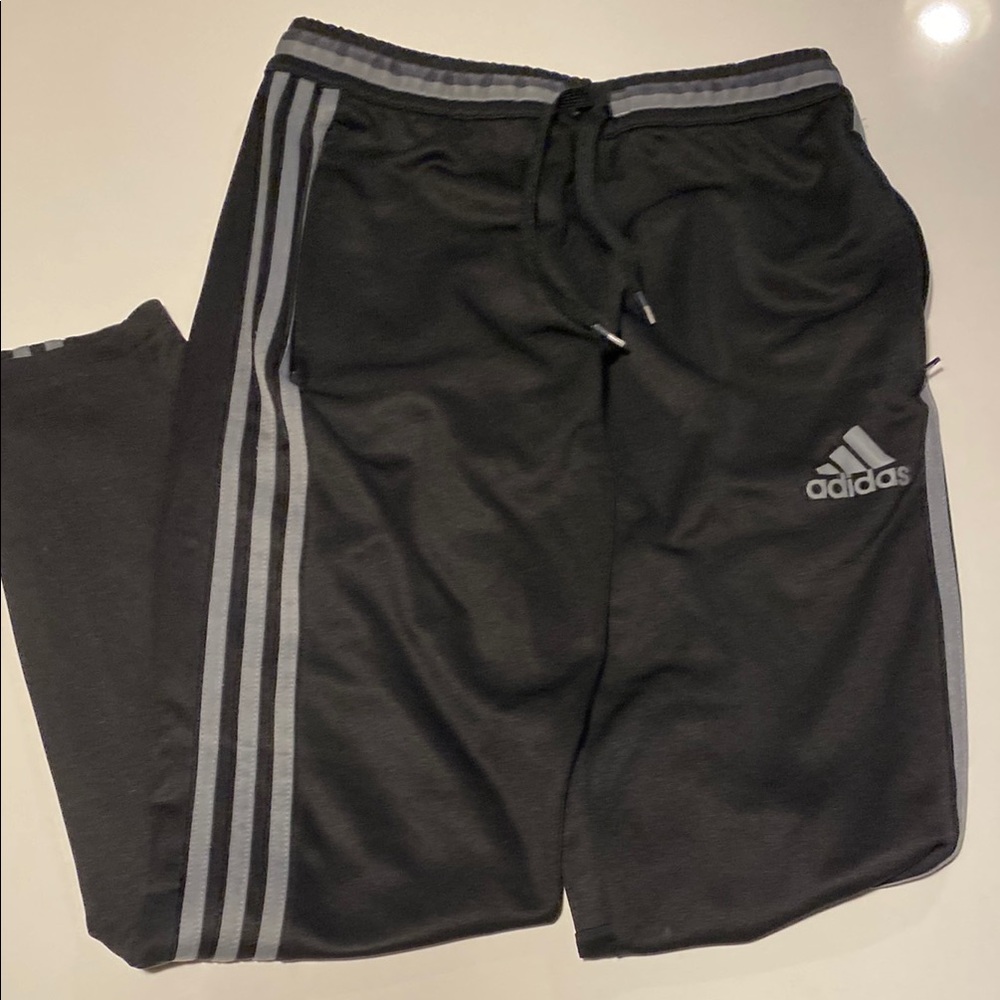 Adidas Men’s Performance Black Joggers with Gray Stripes and Zippered Pockets